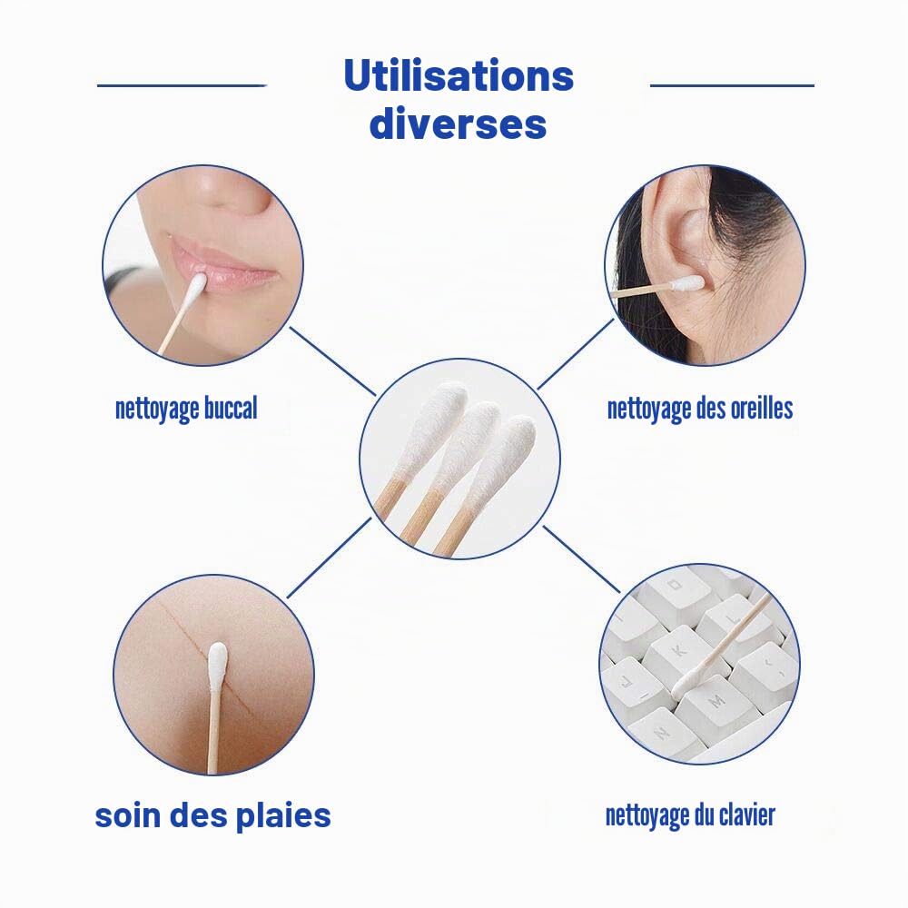 Coton Tiges 6 Paquets 600 Pièces Bourgeons de Coton en Bambou pour Outil de Nettoyage pour Soins de Nettoyage des Oreilles Soin des Blessures Outil Cosmétique Biodégradables Double Tête