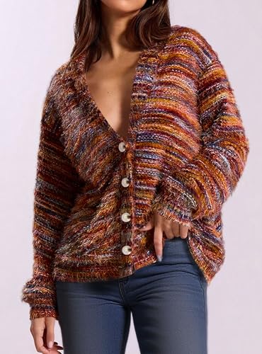 PRETTYGARDEN Womens Cardigan Sweaters Fall Fashion 2025 Striped Long Sleeve Button V Neck Knit Fuzzy Outerwear Winter Clothes3