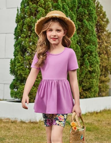Image of Arshiner Girls Summer Outfits Short Sleeve Ruffle Hem Top and Biker Shorts Set Girl Clothes 4-15 Years