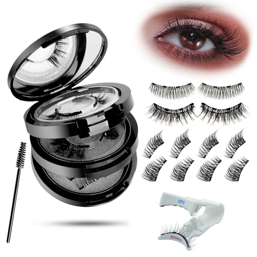 Magnetische Wimpern Set Magnet Wimpern Natürlich Look mit Applikator Vollwimpern & 3/4 Halb- Styles Wiederverwendbare Magnetwimpern ohne Kleber & Eyeliner Upgrade mit 4 Magneten