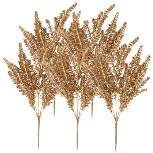 BESTYASH Ramo de Espigas de Trigo Decorativas Doradas 5 Piezas, Flores Artificiales de Plástico Realistas para Decoración de Bodas, Hogar y Oficina, Arreglo Floral para Escritorio y