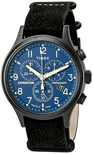 Timex Men's TW4B04200 Expedition Scout Chrono Black/Blue Leather Slip-Thru Strap Watch