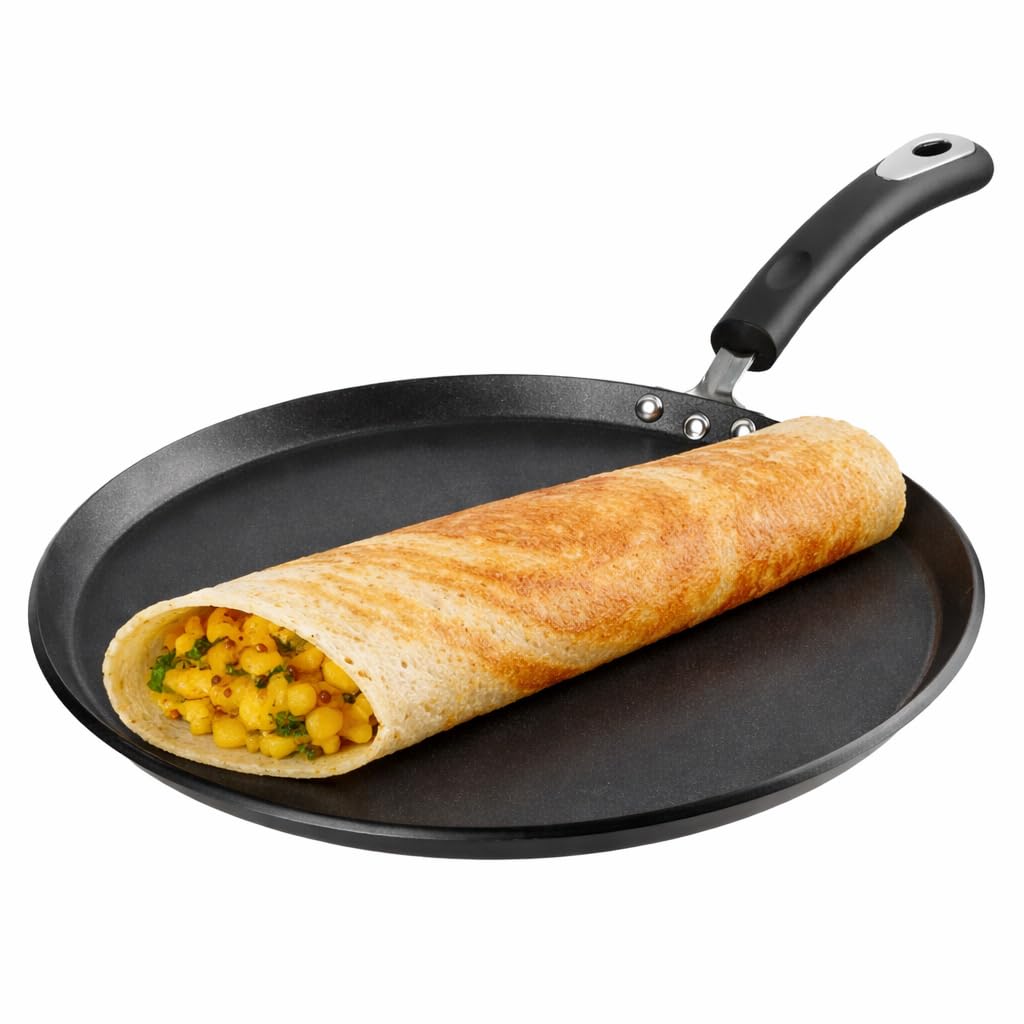 Hanos Hard Anodised Non Stick Dosa Tawa 30 cm | 5.25 mm Thick Base | 5X Longer Lasting Than Ordinary Non-Stick | Metal Spoon Safe | Induction & Gas Compatible | Soft Touch Handle | PFOA Free