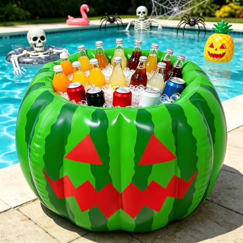 Cosweet Summer Halloween Inflatable Watermelon Cooler for Pool Party - 30 x 20 Large Spooky Blow Up Beverage Drink Cooler Ice Bucket with Drain Plug for Patio Yard Decor