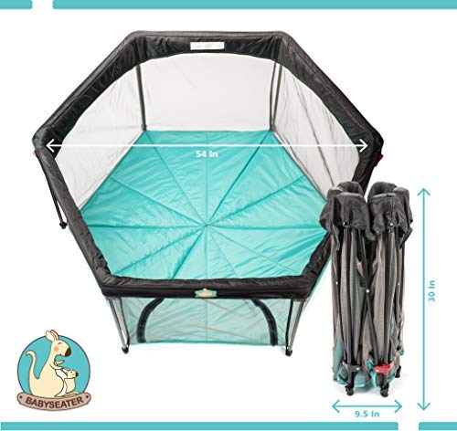 Portable Playard Play Pen for Infants and Babies - Lightweight Mesh Baby Playpen with Carrying Case - Easily Opens with 1 Hand (Turquoise)