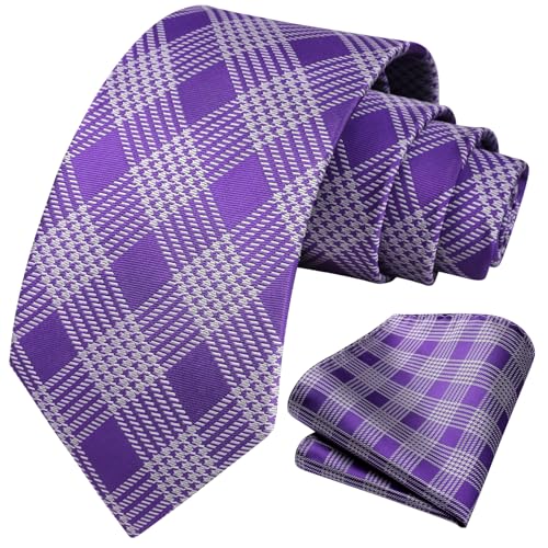 Image of HISDERN Ties for Men Plaid Checkered Tie with Pocket Square Woven Business Formal Necktie Handkerchief Set Wedding Party