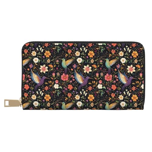 Leather Thin Slim Wallets for Women & Men - Colorful Flower Hummingbird Print Card Wallet Holder with Zipper