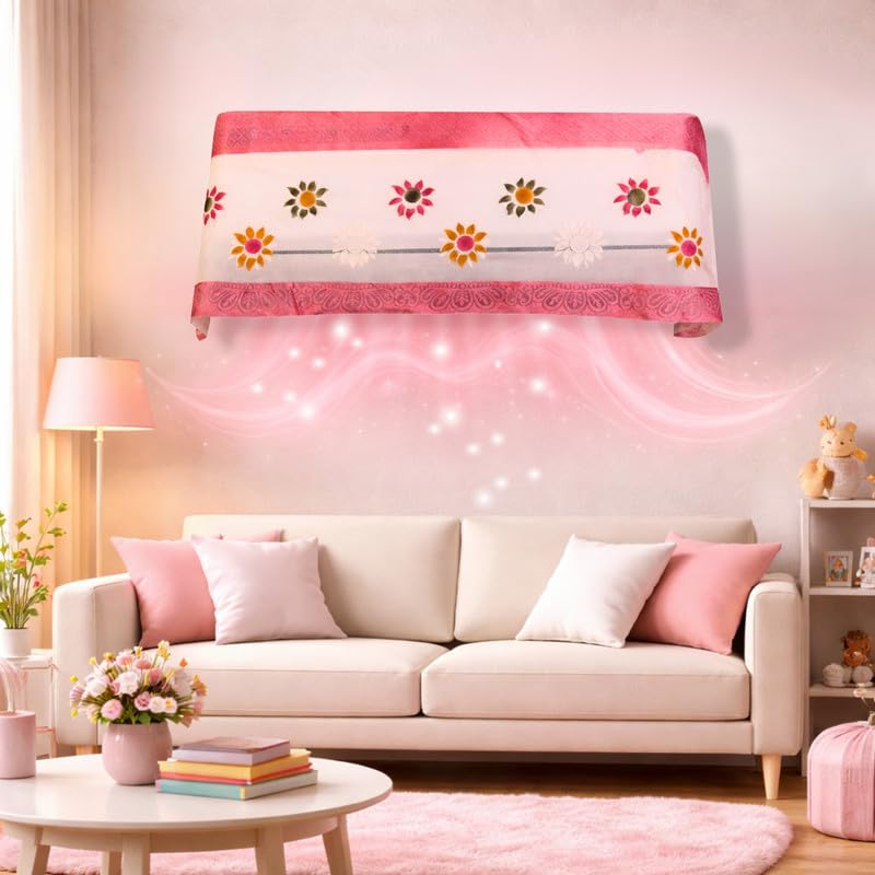 Image of Cotton Net Split AC Cover Indoor Unit for 1.5 Ton Capacity AC, Premium Work Indoor AC Dust Protection Cover Designer Summer Ac Cover for 1.5 Ton Ac (38 X 15.35 X 7.8 inch, Pink Flower)