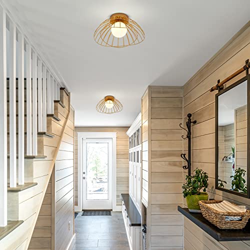 Mhytogn Modern Semi Flush Mount Ceiling Light, White Opal Glass Globe Shade Antique Brass Brush Paint Finish Chandelier For Porch Hallway Kitchen Balcony Bedroom #TOP6