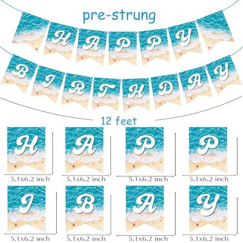 Ocean Beach Happy Birthday Banner 2-Piece Pre-Strung Summer Beach Birthday Party Decoration Blue Wave Cutout Banners for Pool Under The Sea Party Supplies - image 5