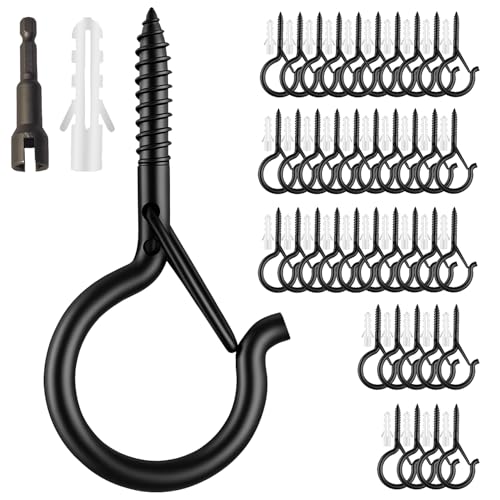 40 Pack Black Q Hooks for Hanging With Install Tool - Ceiling Hooks, Plant Hangers Outdoor, Safety...