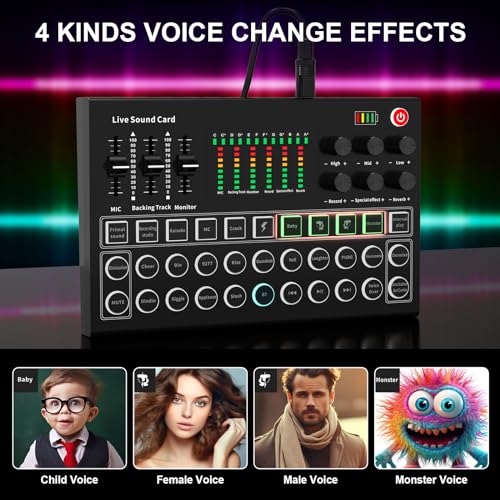 RHM M9 Podcast Equipment Bundle, All-in-One Audio Interface with Microphone & Earphone, 13 Sound Effects, Support Voice Changing/Noise Reduction/Elimination, Great for TikTok, Youtube, Facebook live - Thumbnail 4