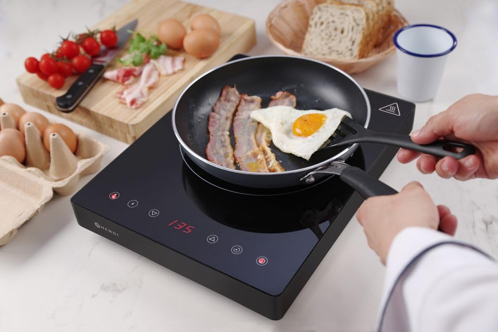 HENDI Placa de inducción portátil,cocina eléctrica de inducción, controles táctiles, función de temporizador, rango de temperaturas 35-240 °C, 230 V, 2000 W, 293x373x(H)56 mm, negro,acero inoxidable