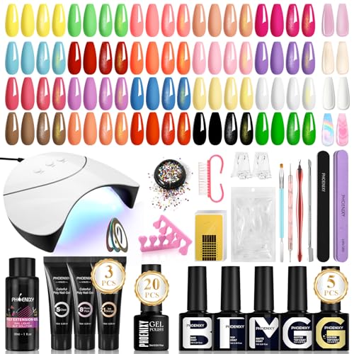 Phoenixy 43PCS Kit Esmalte de Uñas Semipermanente con Lámpara UV 20 Colores Esmalte de Uñas en Gel y 3 Colores de gel Extensión Poliéster Kit Completo de Manicura Para Principiante Regalo para Mujeres