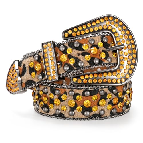 JASGOOD Western Yellow Leopard Rhinestone Belt for Women and Men Ladies Western Cowgirl Cowboy Bling Belt for Jeans Pants Dress