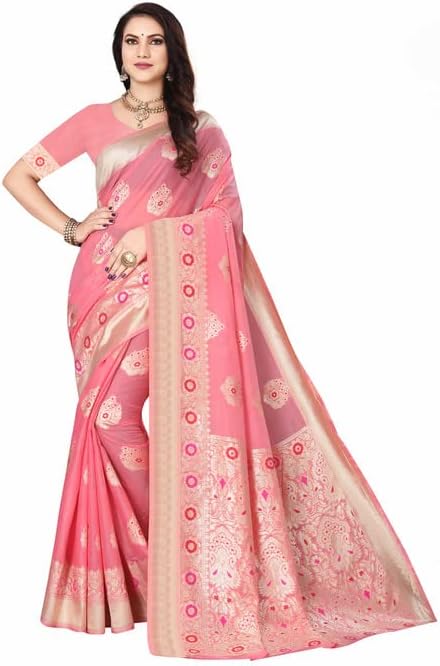 VS INTERNATIONALPrinted Woven Saree With Blouse Piece, Pink