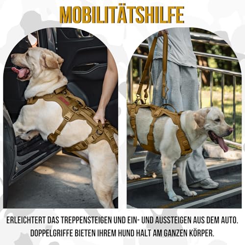 OneTigris Hundegeschirr, Tragehilfe Hund Ganzkörper Mit 2 Schultergurte Abnehmbares, Hund Tragehilfe Verstellbare Rückenlänge für Rüden und Hündinnen, Sicherheitsgeschirr mit 3 Griffen, L Olivgrün