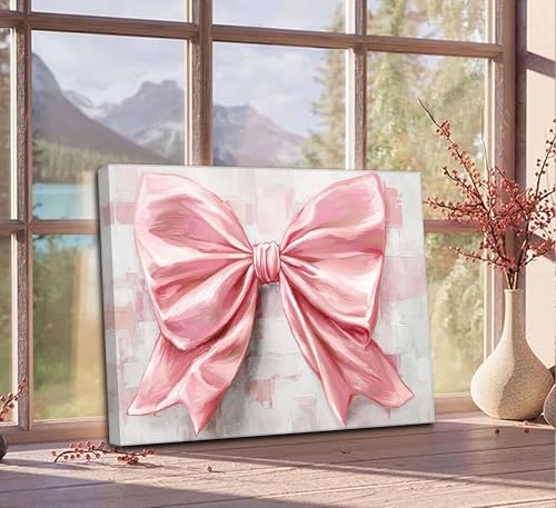 Image of Pink Bow Canvas Wall Art Trendy Cute Preppy Watercolor Bow Painting Pictures Wall Decor Posters Prints Girly Aesthetic for College Apartment Bedroom Decoration