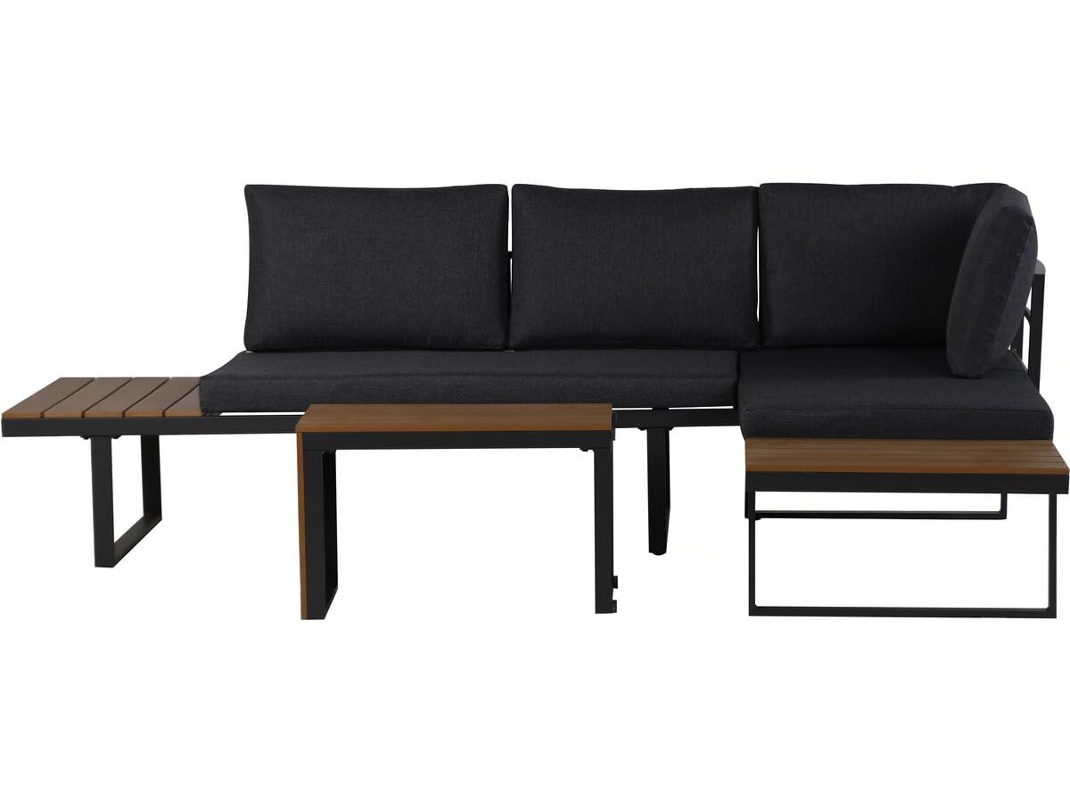 Salon de Jardin canapé d'angle modulable décor Imitation Bois Sylva - 4 Places - Gris