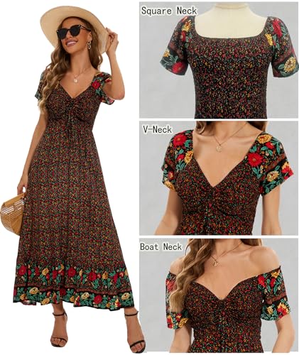 Image of Summer Floral Smocked Maxi Dress for Women 2026 Casual Flowy Tiered A Line Boho Beach Party Long Dresses with Short Sleeve