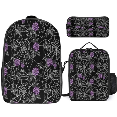 Spider Web Cobwebs Purple Rose Backpack Set 3 Pieces Backpacks Lunch Bag Wallet For Travel Outdoor Sports