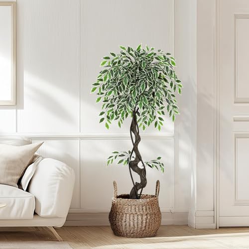 GarveeHome Artificial Ficus Tree for Home Decor Indoor,4FT Faux Floor Tree White Imitation Ceramic Planter, Indoor Outdoor Lifelike Fake Ficus Tree with Pebbles & Green Fake Moss for Office