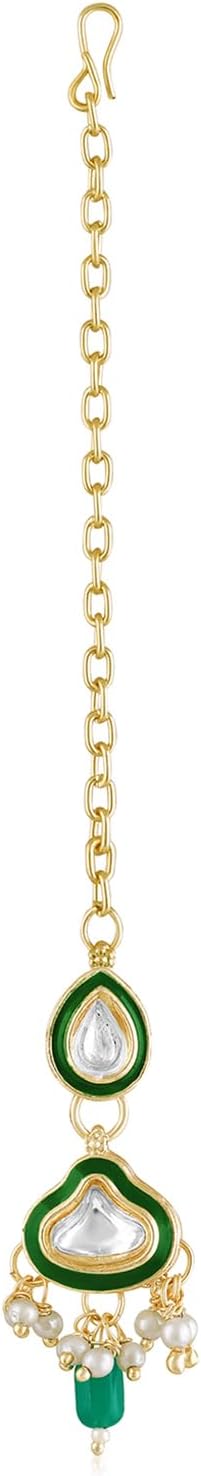 Aheli Green Synthetic Stone & Beads Studded Choker Necklace Earrings & Maangtikka Bharatanatyam jewellery set Ethnic Jewellery Gift for Women - Image 6