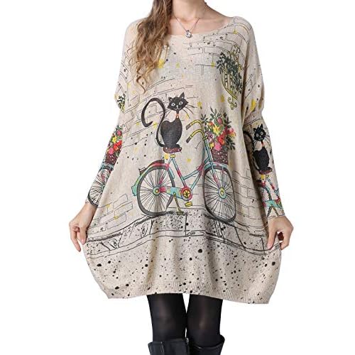 ellazhu Women Fall Long Sleeve Crewneck Loose Casual Sweater Sweatshirts DH01 One Size Khaki