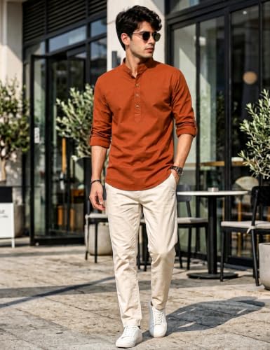 Image of Fifth U Men's Cotton Polyester Blend Solid Mandarin Collar Self Design Full Sleeve Casual Short Kurta