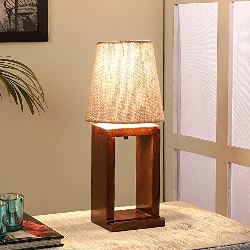 Image of tu casa Wooden Table Lamp for Bedroom & Living Room | Mango Wood Base with Beige Cotton Fabric Shade | Decorative Bedside Night Lamp for Home Decor & Festive Gifting