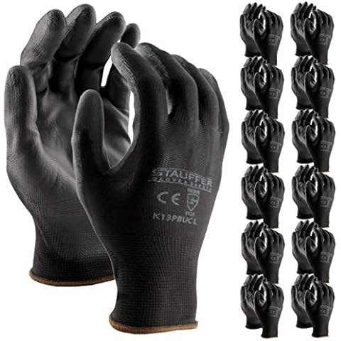 Stauffer Glove & Safety Ultra - Thin Black Polyurethane (PU) Coated Safety Work Gloves, 13 Gauge Polyester Liner, Light and Flexible Grip - Large (12 Pairs) Cover