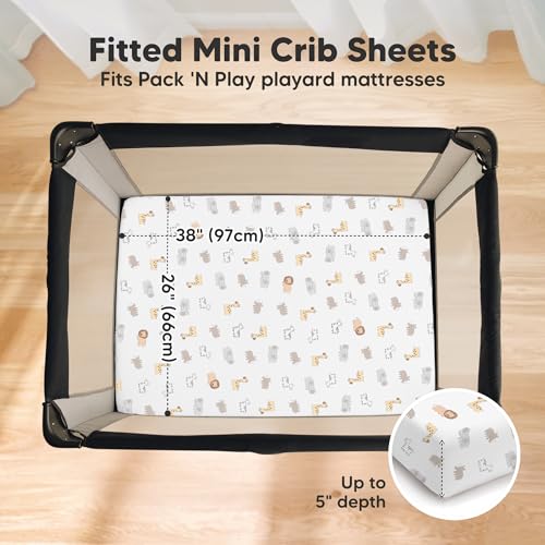 Image of 2 Pack and Play Sheets, Waterproof Mini Crib Sheets Fitted - 38x26 Organic Cotton Pack N Play Sheets for Graco Pack and Play Mattress, Playard Baby Crib Sheets,Neutral for Boy,Girl,Toddler(KeaSafari)