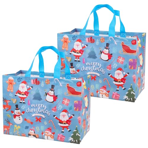 DERAYEE クリスマス ギフトバッグ 不織布 32x25cm 2枚入り 手提げ袋 ラッピング袋 マチ広 大容量 おしゃれ 雪だるま サンタクロース 飾り 収納 贈り物 (ペンギン, 32x25cm)