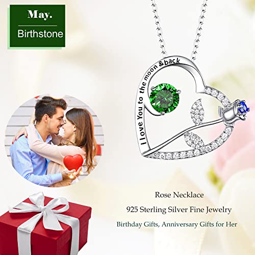 ELDA & CO. Christmas Jewelry Gifts Wife Birthday Emerald Necklace Love Rose Flower May Birthstones Jewelry I Love You to the Moon and Back Sterling Silver - Image 3