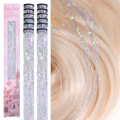 Image of WENNALIFE Hair Tinsel Clip In for Girls Silver, 12pcs 24 inch Clips Tinsel Hair Extensions Clip in Colorful Glitter Clips Sparkle Fairy Hair Accessories for Kids