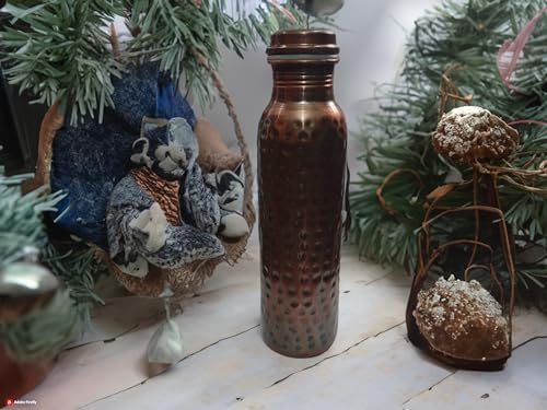 Craft Trade Copper Water Bottle 34 Oz Leak Proof Joint Less Indian Ayurvedic Hammered Honeycomb Copper Vessel Health Benefit Water Drinking Antique Sports Water Bottle