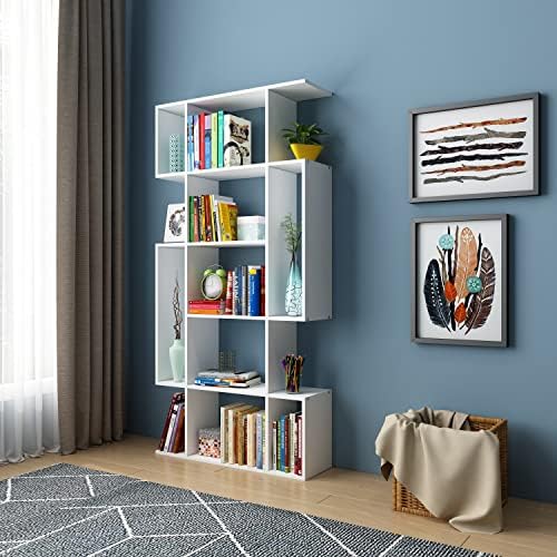 Bookshelf, Living Room Bookcase 5 Tier Bookcase Storage Stand Rack Shelf for Home Office Study S-Shaped (White)