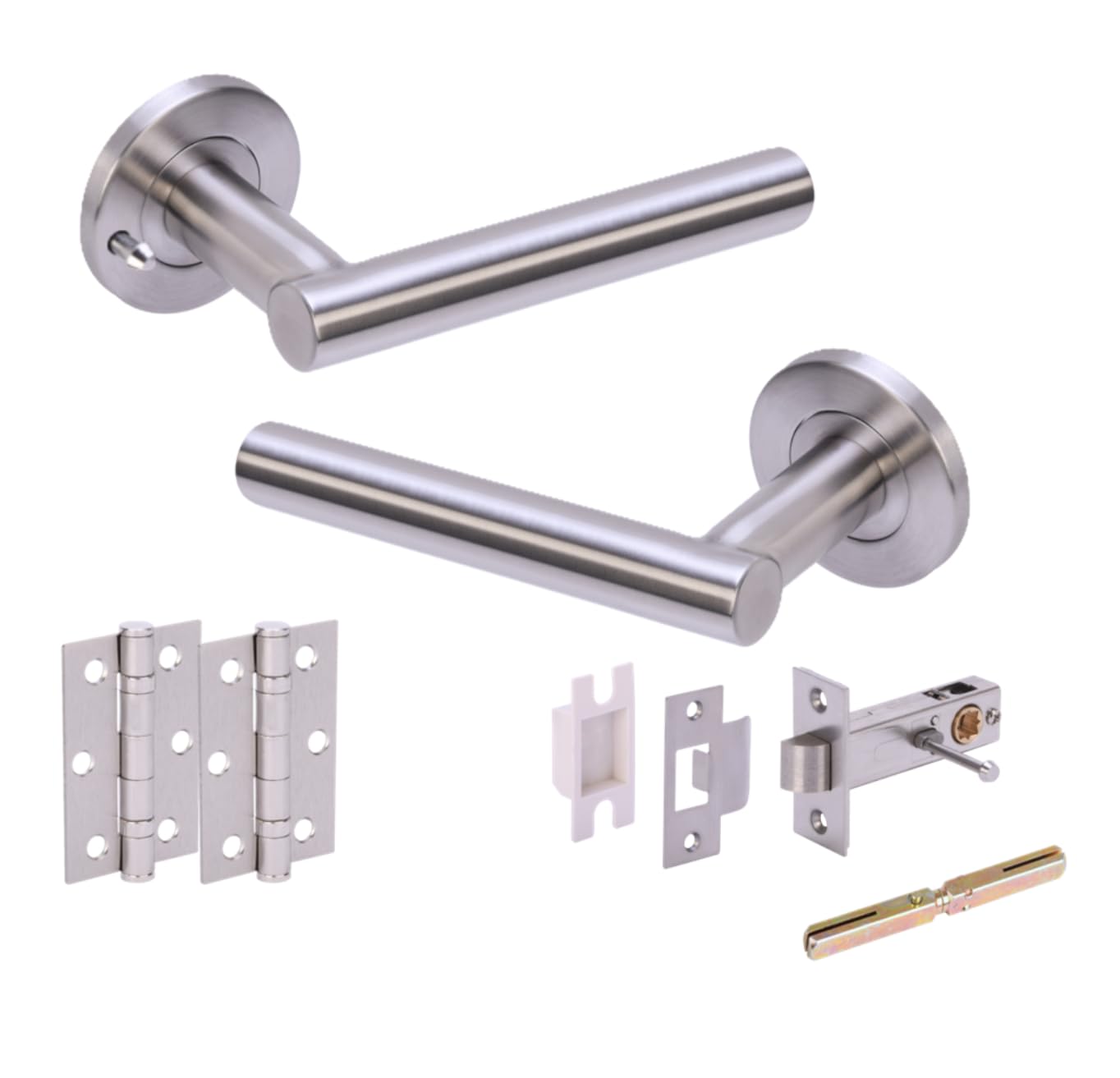 Hunta HANDLEZONE® Rota T-Bar Satin Stainless Steel Privacy Door Pack with 76mm Tubular Latch (57mm Backset), Turn & Release and 2 x 76mm Ball Bearing Hinges - 1 Set