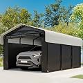 10x15FT Heavy Duty Metal Carport, Outdoor Carport with Galvanized Steel Frame and Roof, Multi-Use Car Garage Shelter with Removable Sidewalls, Enclosed for Cars, Pickup, Tractors, Tools, Cream White