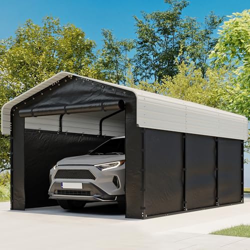Image of 10x15FT Heavy Duty Metal Carport, Outdoor Carport with Galvanized Steel Frame and Roof, Multi-Use Car Garage Shelter with Removable Sidewalls, Enclosed for Cars, Pickup, Tractors, Tools, Cream White