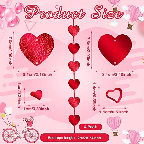 26 Feet 4 Pack Red Hearts Glitter Garland Heart Hanging String Garland and 30 g PVC Red Love Heart Confetti for Valentine's Day Wedding Anniversary Birthday Party Table Door Wall Decorations