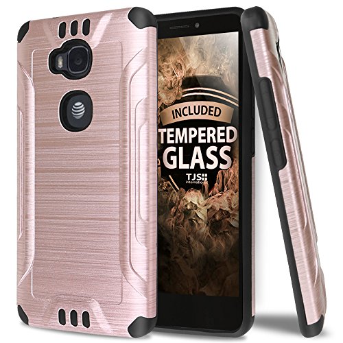 TJS Huawei Sensa LTE Case Tempered Glass Screen Protector, Dual Layer Hybrid Shockproof Resist Rugged Case Cover Metallic Brush Finish with Hard Inner Layer for Huawei Sensa LTE (Rose Gold)