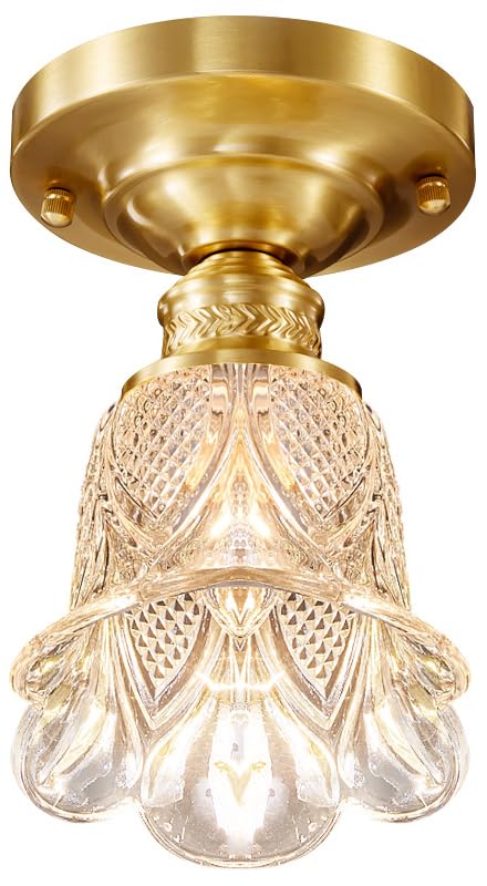 Lámpara de techo de cristal de tulipán floral y latón dorado semiempotrada