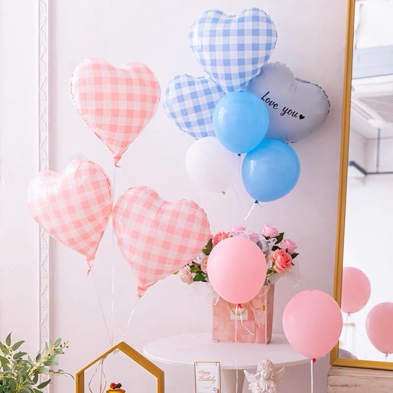 Image of 10 Pcs Pink Checked Heart Balloons, 18 Inch Baby Pink And White Plaid Heart Shaped Balloon For Romantic Wedding Propose Valentine Engagement Bridal Shower Love Graduation Party Decorations