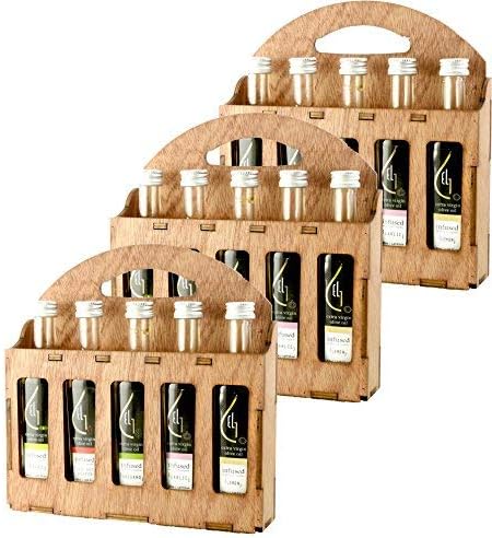 Pellas Nature, Organic Herbs Infused Greek Extra Virgin Olive Oil, 5 flavors - Basil, Lemon, Garlic, Red Pepper, Oregano in Glass Bottles, Finishing Oil in Wooden Gift Set, 50 ml (1.69 oz) each, Pack of 3