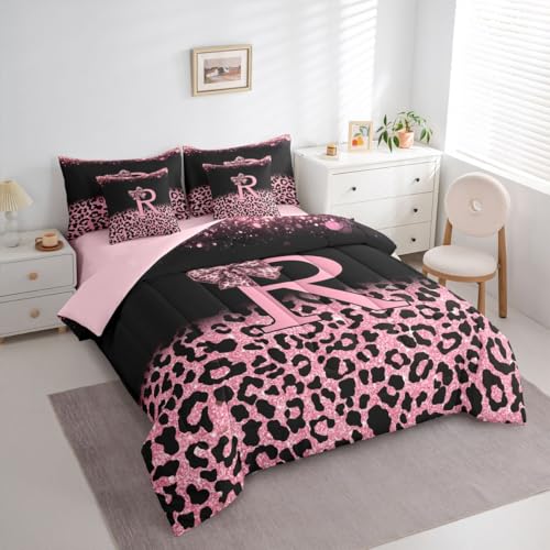 Image of Feelyou Girls Bow Comforter Set with Sheets 7 Piece Full Size Glitter Leopard Print Bed in a Bag Kids Boys Girls Initial Letter R Bedding Set Bedroom Decor Breathable Soft Lightweight Microfiber