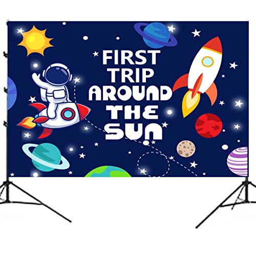 5ft*3ft Space Theme 1st Birthday Party Photo Backdrop,First Trip Around The Sun Birthday Party Photo Backdrop,Space Birthday Party Supplies for Boys Or Girl.