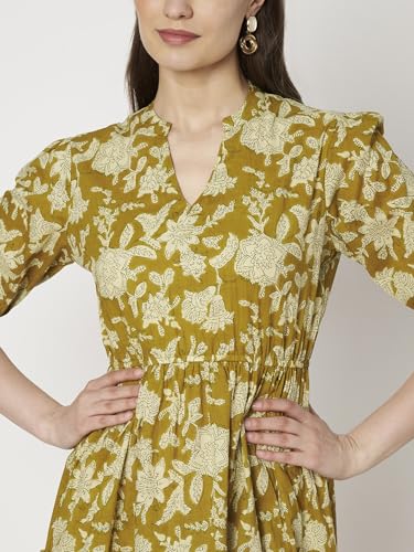 Image of PIDAVLIYA'S Women's Cotton Floral Printed Midi Dress | V-Neck Fit & Flare Dress with Puff Sleeves | Casual Summer Wear