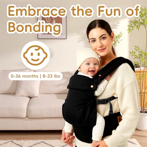 Image of Baby Carrier for Newborn to Toddler-7-45 lbs 0-36 Months Versatile & Adjustable Linen Carrier with Front Pocket Headrest Support for Moms, Dads, Black