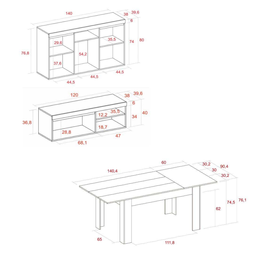 Skraut Home | Ensemble de Meubles modèle Naturale |Table Extensible 140x90x76, Buffet 140x40x80, Meuble TV 120x40x41 | Finition Mélamine Couleur Chêne/Noir